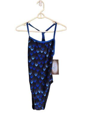 NWT DOLFIN RELIANCE Blue/Black Geo 1-Piece Competition Swim Suit Women's 36/10